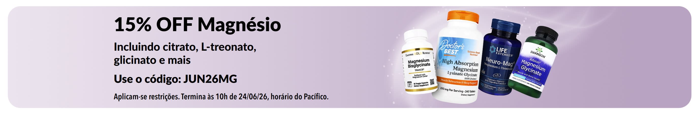 Banner promocional com 15% OFF em suplementos de magnésio.