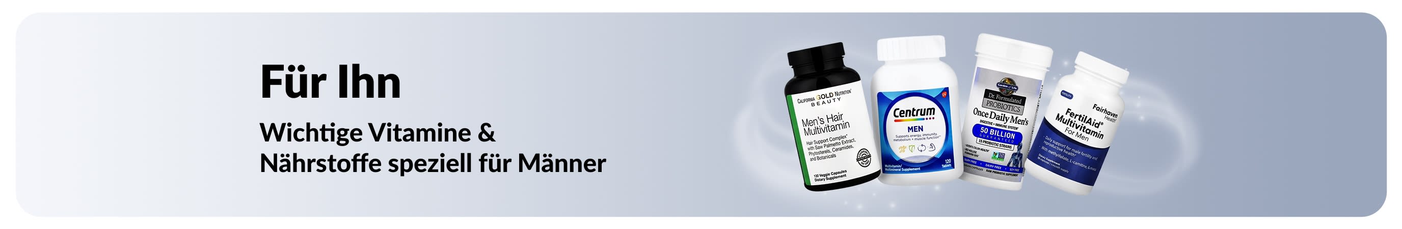 Banner zum Thema Männergesundheit mit Multivitaminen und Probiotika, das wichtige Vitamine für die Gesundheit von Männern bewirbt.