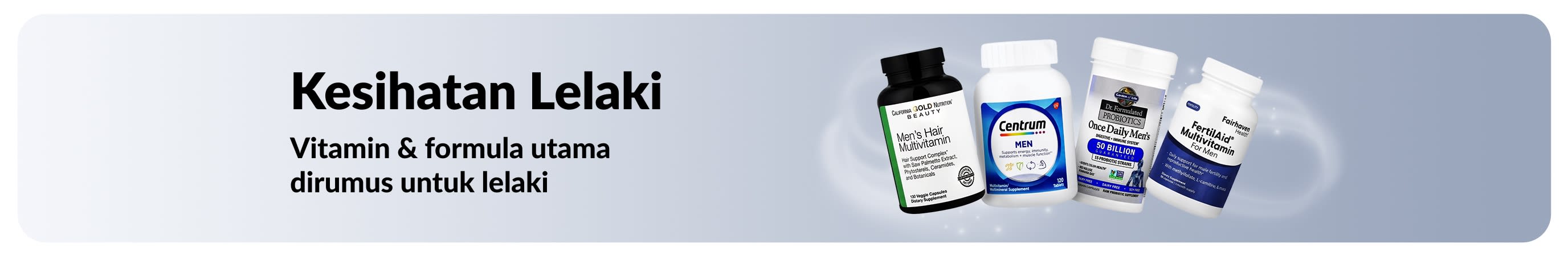 Sepanduk kesihatan lelaki menampilkan multivitamin dan probiotik, mempromosikan vitamin penting dan formula kesihatan lelaki.