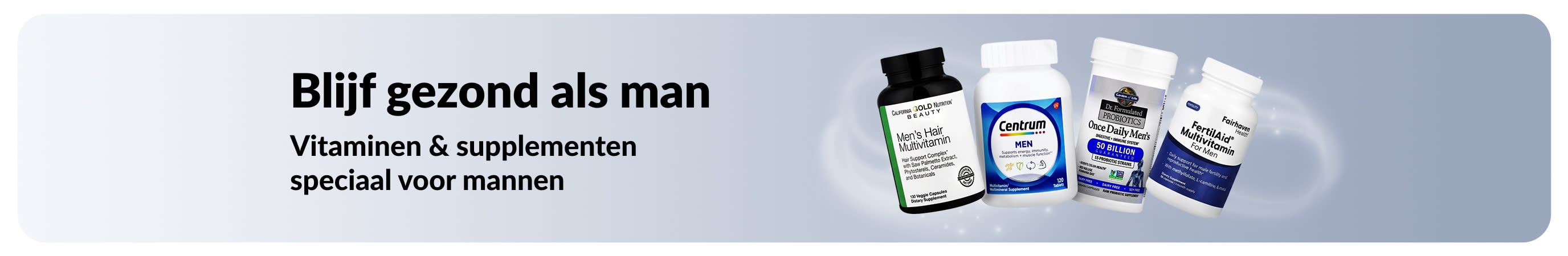 Gezondheidsbanner voor mannen met multivitaminen en probiotica, ter promotie van vitamines en welzijnsproducten voor mannen.
