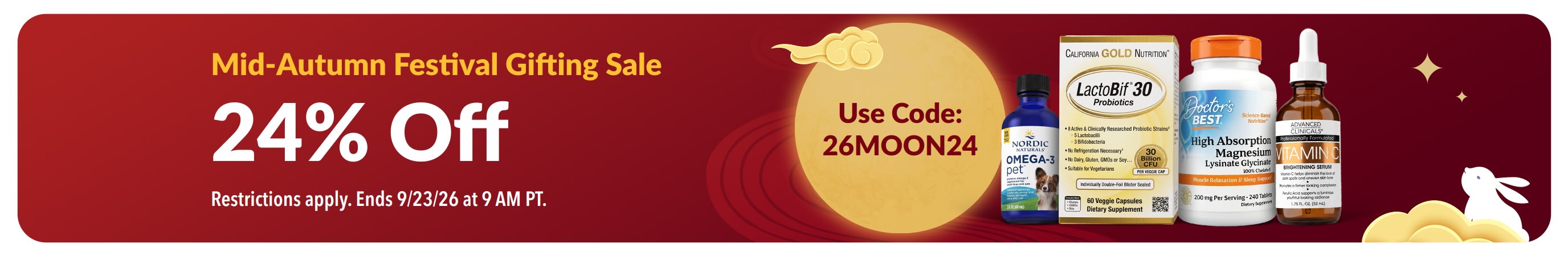 Mid-Autumn Festival Gifting Sale: 24% Off with code 26MOON24. Features health products and a full moon.