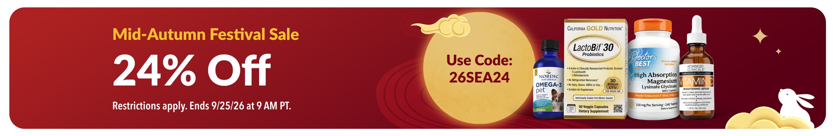 Mid-Autumn Festival Sale: 24% Off with code 26SEA24. Features health products and a full moon.