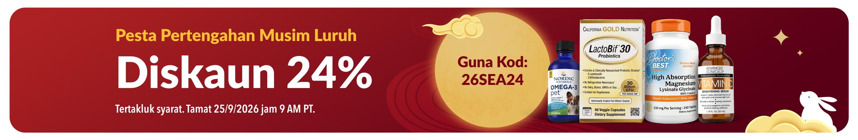 Pesta Pertengahan Musim Luruh: Diskaun 24% dengan kod 26SEA24. Menampilkan produk kesihatan dan bulan penuh.