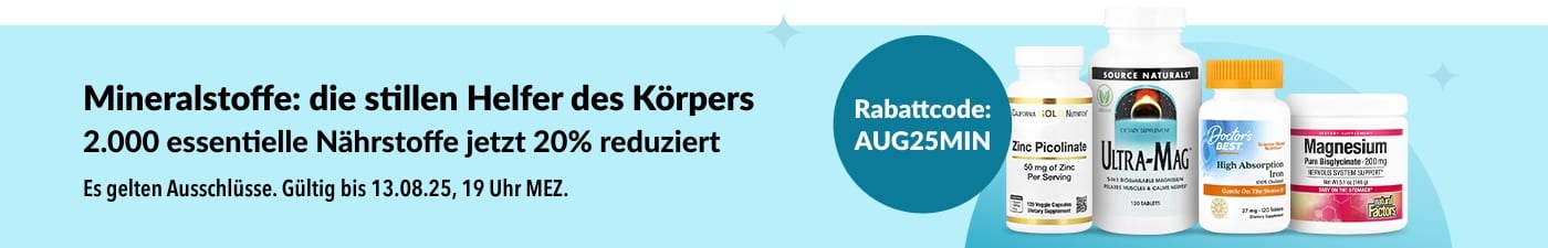 Werbe-Banner für 20 % Rabatt auf über 2.000 Mineralstoffpräparate mit dem Code AUG25MIN, mit Bildern der Top-Produkte.