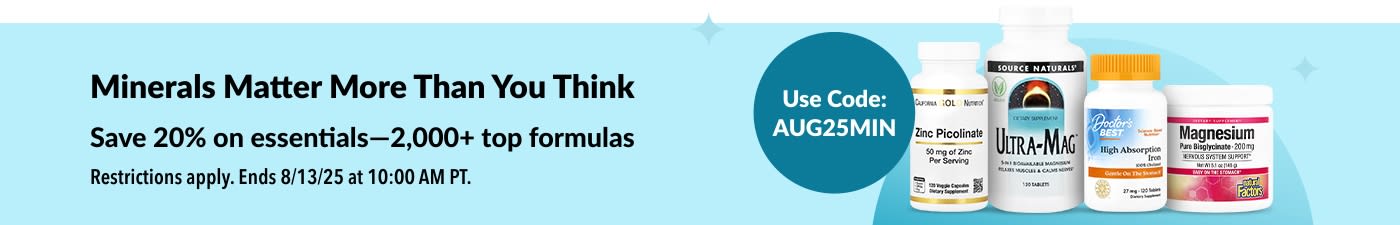 Promotional banner for 20% off 2,000+ mineral supplements using code AUG25MIN, featuring top product images.