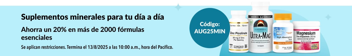 Banner con un 20% de descuento en más de 2000 minerales con el código AUG25MIN, con imágenes de los productos más destacados.