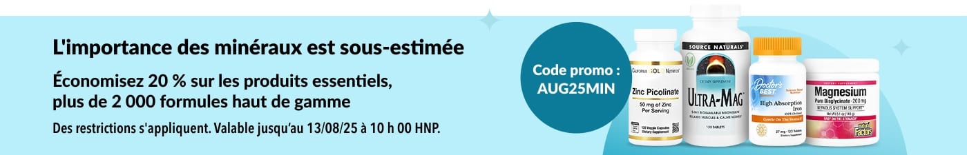 Bannière promotionnelle offrant 20 % de réduction sur plus de 2 000 compléments minéraux avec le code AUG25MIN, mettant en avant les images des meilleurs produits.