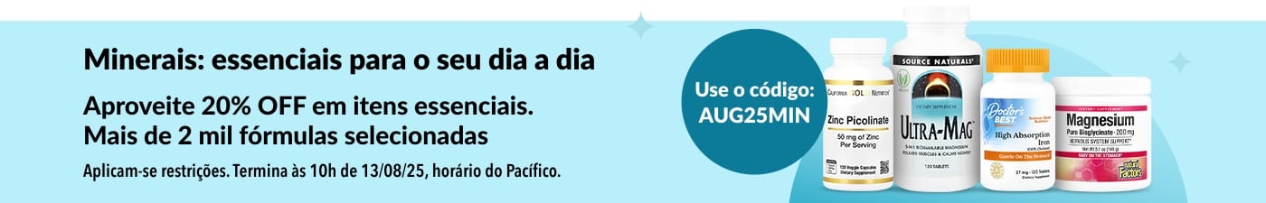 Banner promocional com 20% OFF em mais de 2 mil suplementos minerais usando o código AUG25MIN, apresentando imagens dos principais produtos.