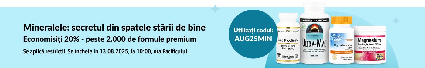 Banner promoțional cu -20% la peste 2.000 de suplimente cu minerale cu codul AUG25MIN, cu imagini ale produselor de top.