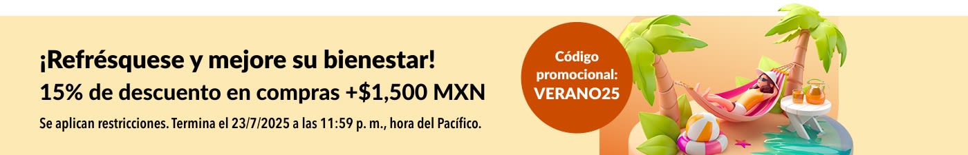Paisaje de verano con una hamaca y bebidas refrescantes. Ahorre 15% en compras superiores a $1,500 MXN. Código: VERANO25.