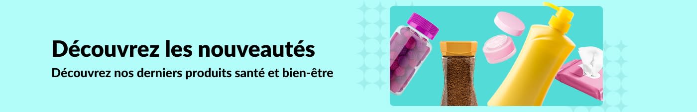 Bannière iHerb faisant la promotion des nouveaux produits de santé et de bien-être, notamment des vitamines, des lotions, des lingettes et des produits de soin pour la peau.