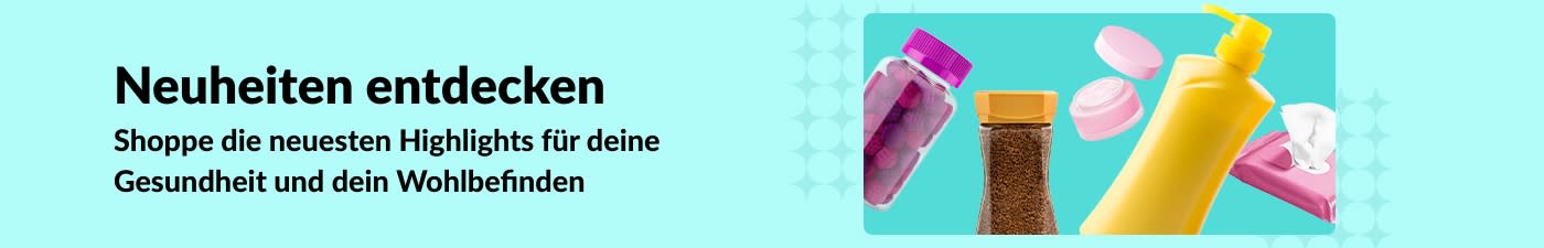 iHerb-Banner, der für Neuprodukte in den Bereichen Gesundheit und Wellness wirbt und Vitamine, Lotionen, Tücher und Hautpflegeprodukte präsentiert.