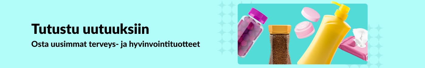 iHerb-banneri, joka mainostaa uusia terveys- ja hyvinvointituotteita, kuten vitamiineja, voiteita, kosteuspyyhkeitä ja ihonhoitotuotteita.