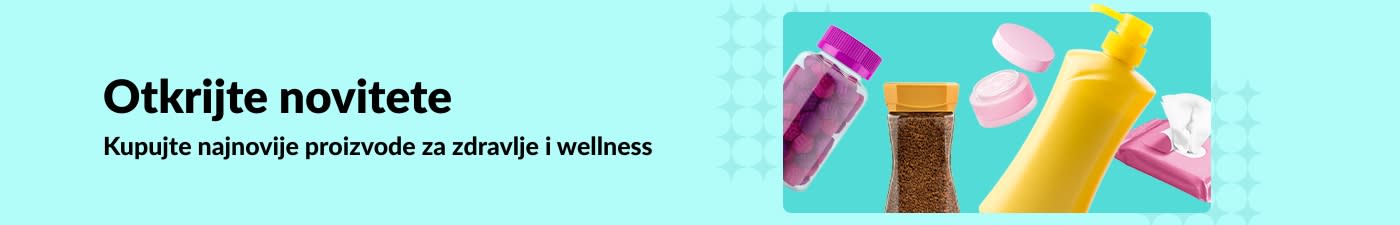 iHerb banner koji promovira nove proizvode za zdravlje i wellness, uključujući vitamine, losione, vlažne maramice i proizvode za njegu kože.