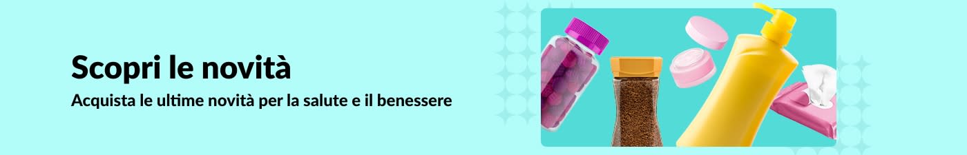 Banner iHerb che promuove i nuovi arrivi nel campo della salute e del benessere, con vitamine, lozioni, salviette e prodotti per la cura della pelle.