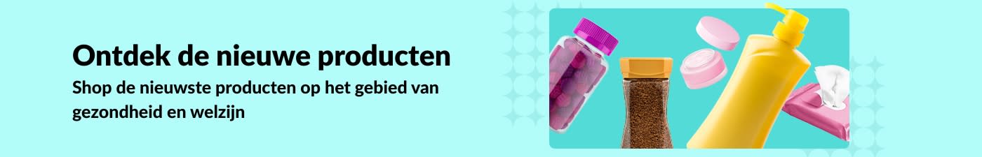 iHerb-banner die nieuwe gezondheids- en wellnessproducten promoot, zoals vitamines, lotions, doekjes en huidverzorgingsproducten.