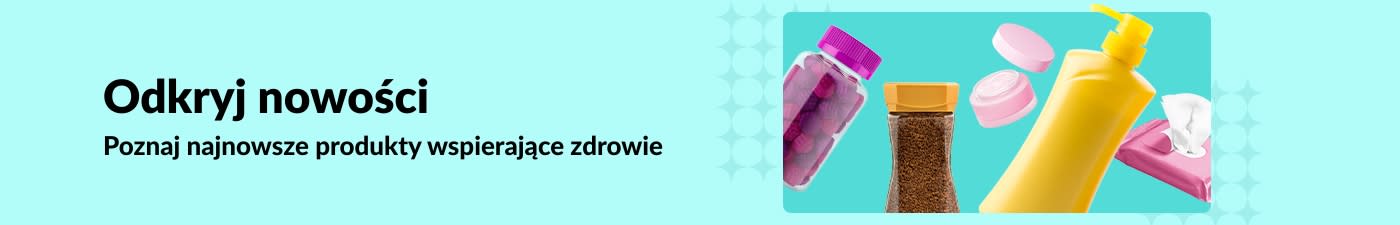Baner iHerb promujący nowości z kategorii zdrowia i pielęgnacji, w tym witaminy, balsamy, chusteczki oraz produkty do pielęgnacji skóry.