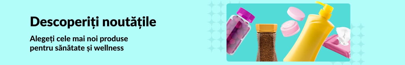 Banner iHerb cu produse noi de sănătate și wellness, cu vitamine, loțiuni, șervețele și produse de îngrijire a pielii.