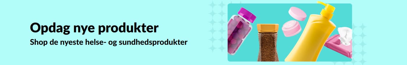iHerb-banner, der promoverer nye produkter inden for sundhed og velvære, med vitaminer, cremer, vådservietter og hudplejeprodukter.