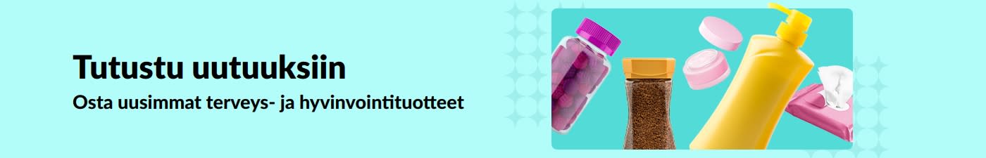 iHerb-banneri, joka mainostaa uusia terveys- ja hyvinvointituotteita, kuten vitamiineja, voiteita, kosteuspyyhkeitä ja ihonhoitotuotteita.