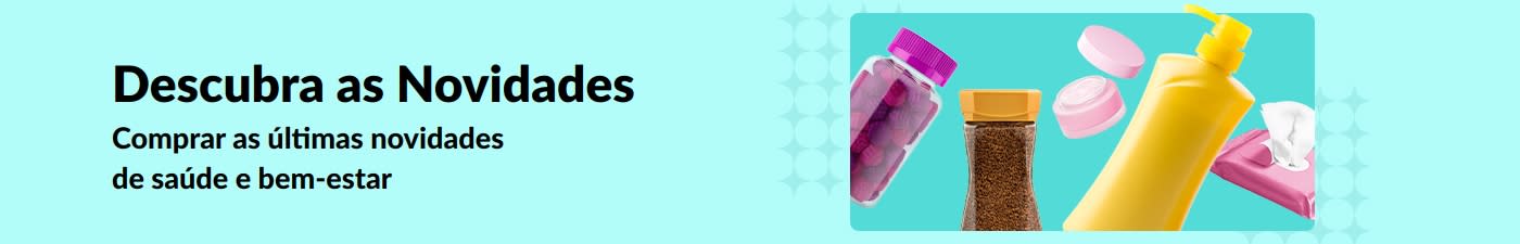 Banner da iHerb a promover novidades de saúde e bem-estar, como vitaminas, loção, toalhitas e produtos skincare.