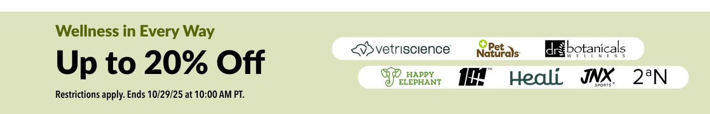 iHerb バナーでVetriScience、Pet Naturals、Botanicals などのウェルネス ブランドが最大 20%オフになることを伝えています。