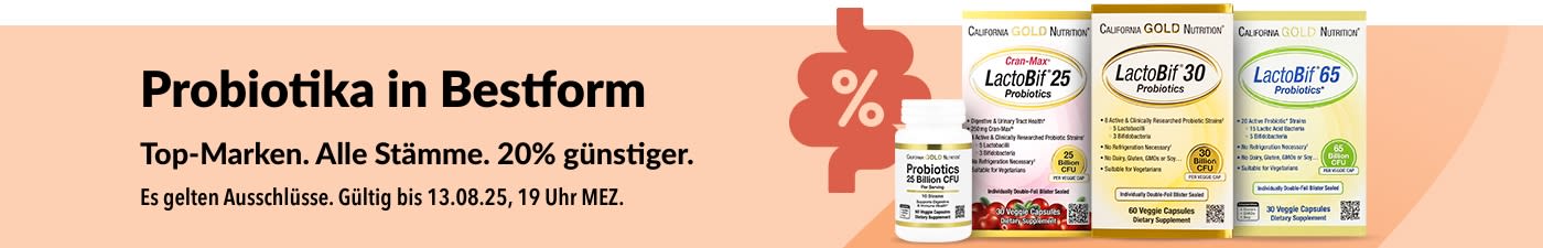 Banner, das -20% auf die besten probiotischen Ergänzungsmittel mit der Produktreihe LactoBif von California Gold Nutrition bewirbt.