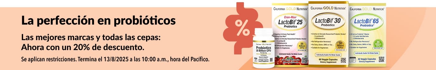 Banner con una promoción del 20% de descuento en los mejores probióticos, destacando LactoBif de California Gold Nutrition.