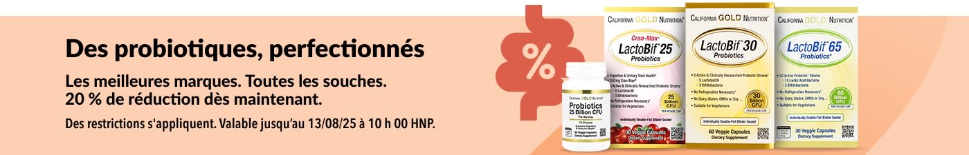Bannière promotionnelle offrant 20 % de réduction sur les meilleurs compléments probiotiques, mettant en avant la gamme de produits LactoBif de California Gold Nutrition.