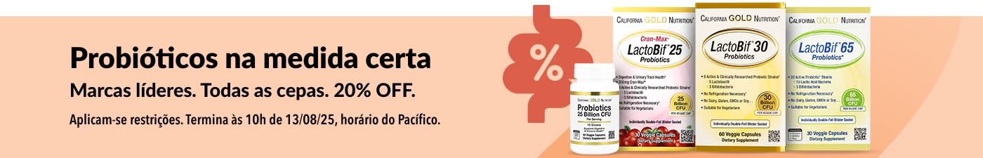 Banner promovendo 20% OFF nos melhores suplementos probióticos, apresentando a linha de produtos LactoBif da California Gold Nutrition.