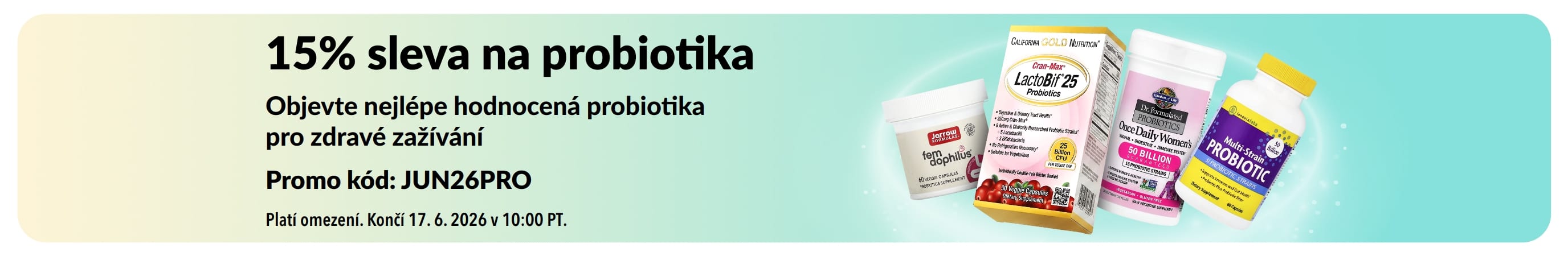 Propagační banner nabízející 15% slevu na probiotika s doplňky stravy pro zdravé zažívání.