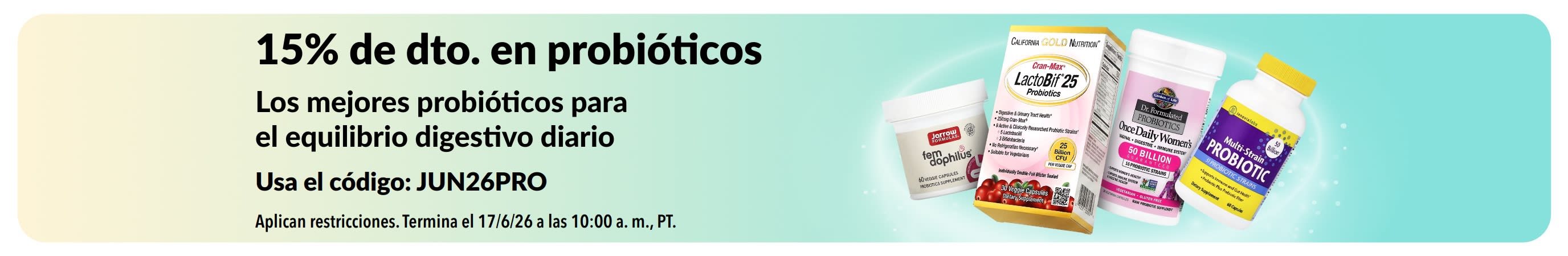 Banner que ofrece un 15 % de descuento en probióticos y suplementos para la salud digestiva.