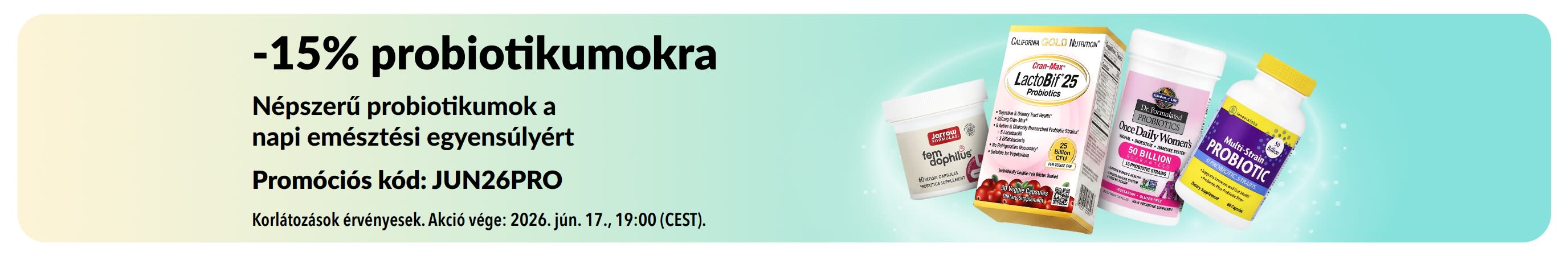 Emésztéstámogató probiotikumokra 15% kedvezményt kínáló promóciós banner.