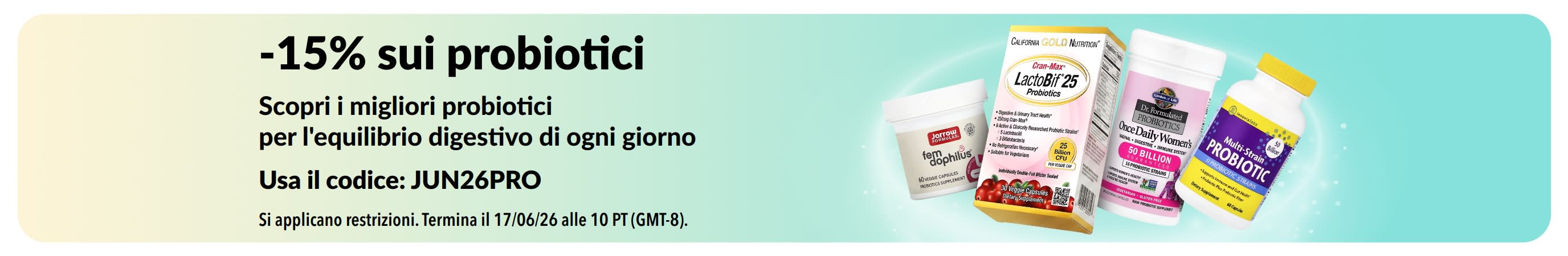 Banner promozionale che offre il 15% di sconto sui probiotici e sugli integratori per la salute digestiva. 