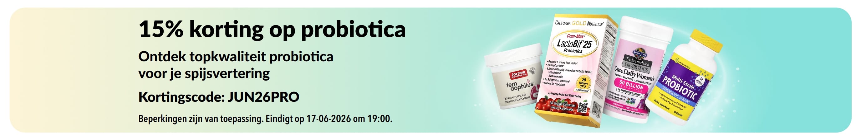 Promotiebanner met 15% korting op probiotica in combinatie met supplementen voor de spijsvertering.