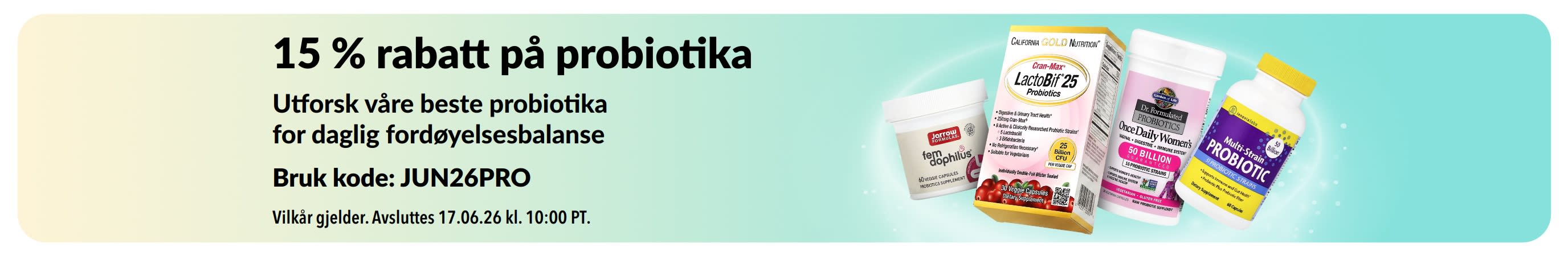 Kampanjebanner som tilbyr 15 % rabatt på probiotika og kosttilskudd for fordøyelsen.