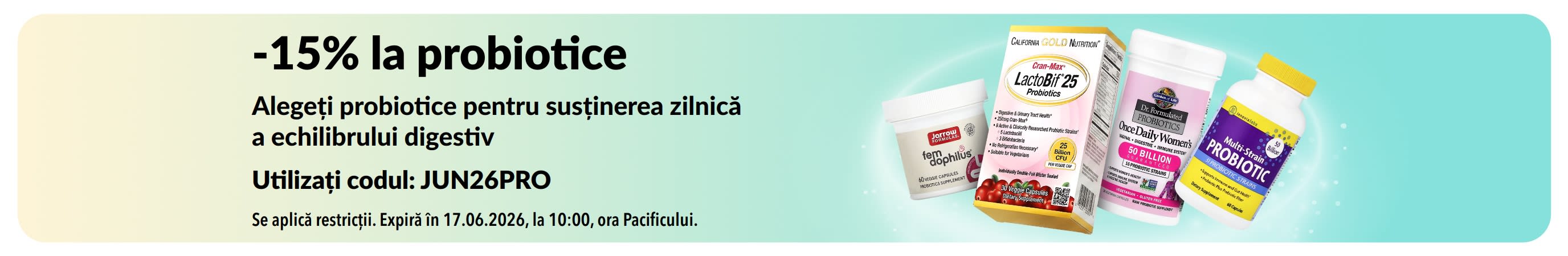 Banner promoțional cu 15% reducere la probiotice, cu suplimente pentru sănătatea digestivă.