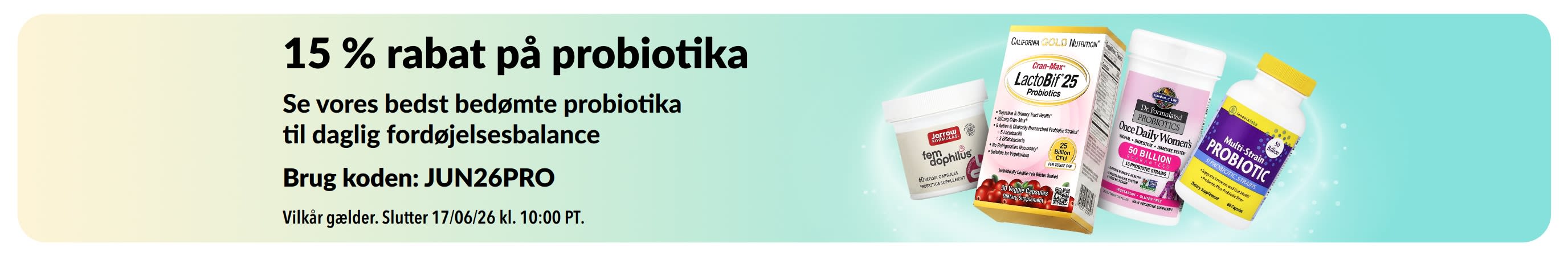Reklamebanner med 15 % rabat på probiotika og kosttilskud til fordøjelsessystemet.