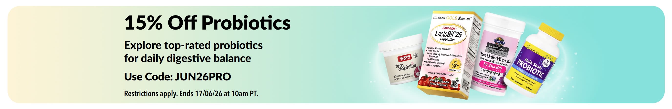Promotional banner offering 15% off probiotics with digestive health supplements.