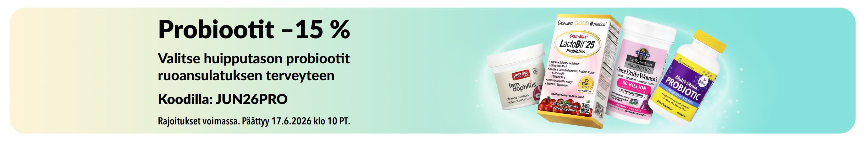 Mainosbanneri, joka tarjoaa –15 % probiooteista. Kuvassa ravintolisiä ruoansulatukseen.