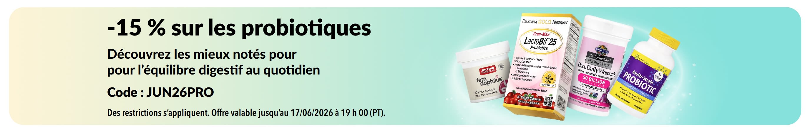 Bannière promotionnelle avec -15 % sur les probiotiques et les compléments pour la santé digestive.