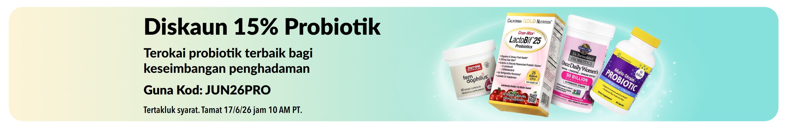 Sepanduk promosi menawarkan diskaun 15% probiotik dengan suplemen kesihatan penghadaman.