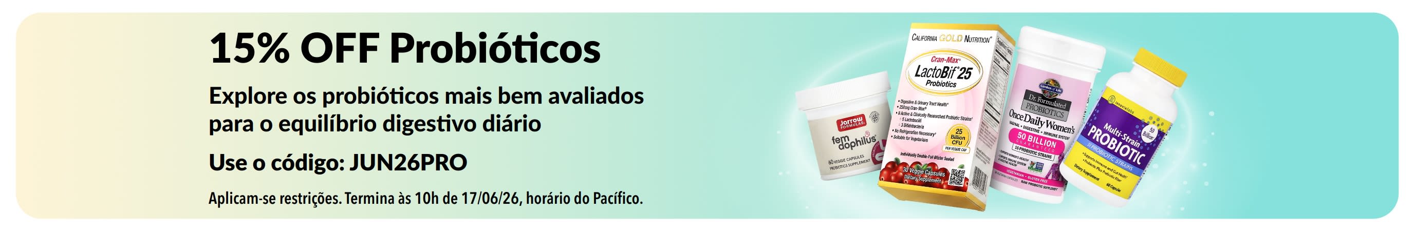 Banner oferecendo 15% OFF em suplementos probióticos para saúde digestiva.