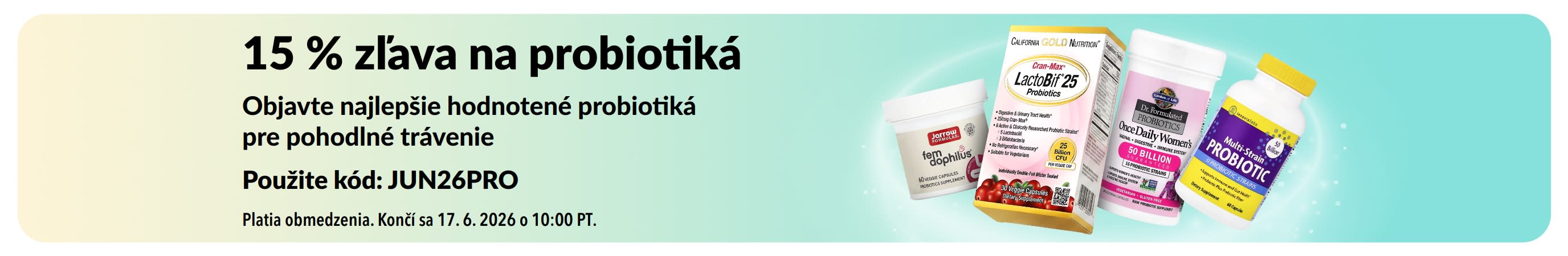 Propagačný baner ponúkajúci 15 % zľavu na probiotiká, zobrazujúci výživové doplnky na trávenie.