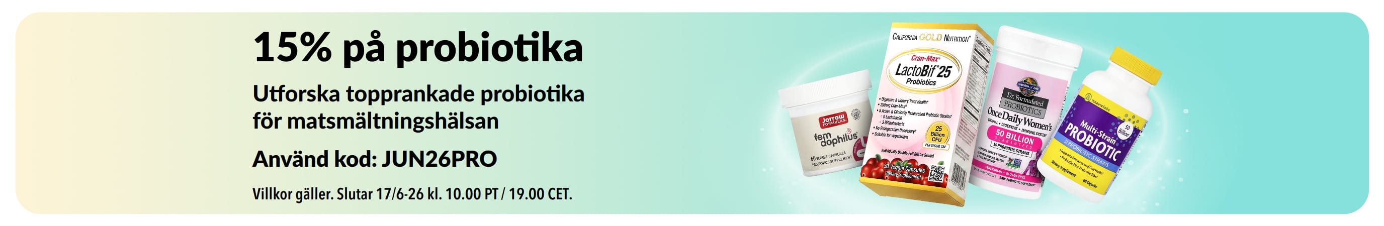 Reklambanner som marknadsför 15% på probiotika med kosttillskott för matsmältningen. 