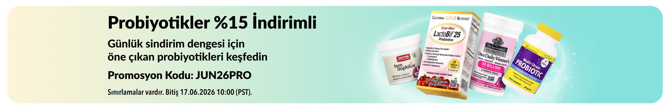 Sindirim sağlığı takviyeleriyle birlikte probiyotiklerde %15 indirim sunan promosyon bannerı