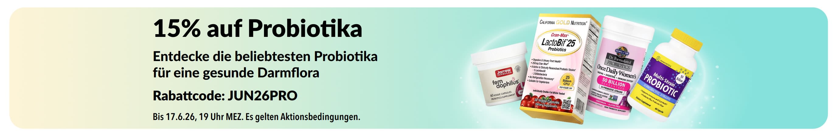 Banner mit 15% auf Probiotika mit Supplementen für eine gesunde Darmflora
