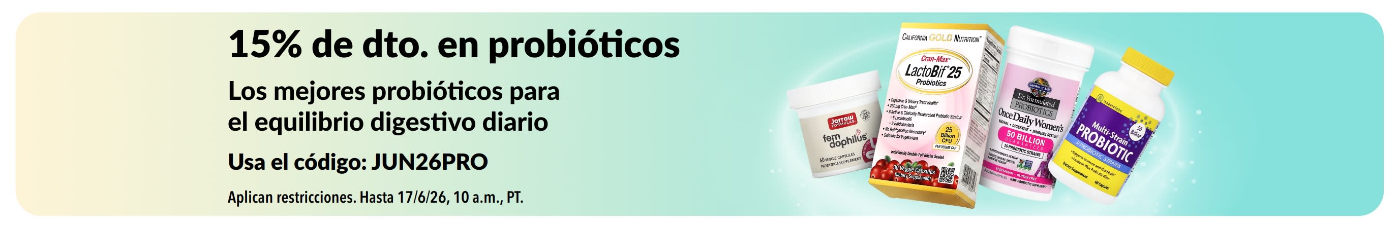 Banner que ofrece un 15 % de descuento en probióticos y suplementos para la salud digestiva.