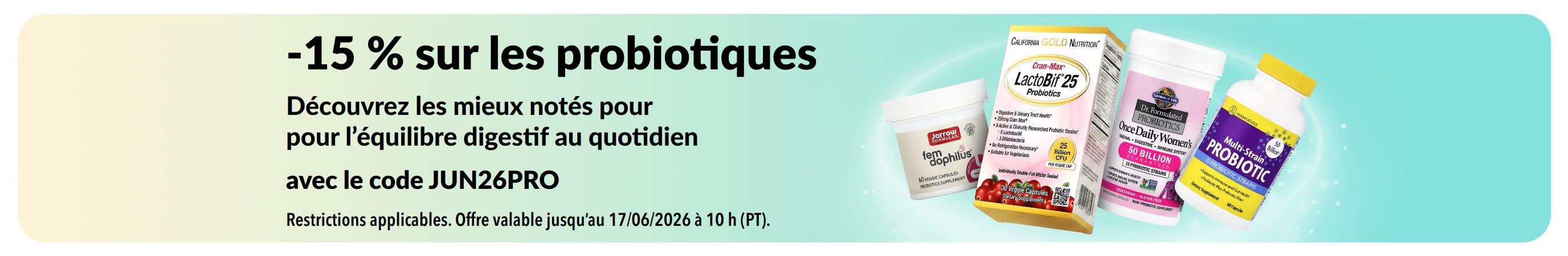 Bannière promotionnelle avec -15 % sur les probiotiques et les compléments pour la santé digestive.