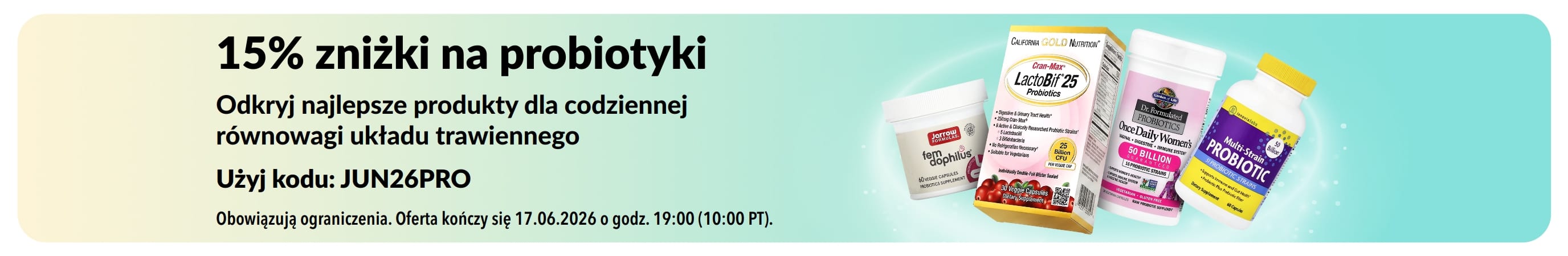 Baner promocyjny oferujący 15% zniżki na probiotyki oraz suplementy wspierające układ trawienny.